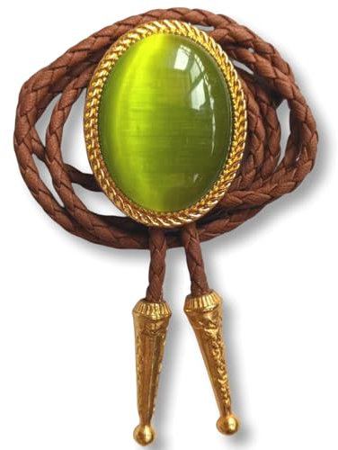 Himongoo Bolo-Krawatte aus natürlichem Edelstein – braunes Leder, Hochzeits-Krawatte für Männer und Frauen – Western-Stil Bolo-Krawatte, Goldgrünes Katzenauge, M