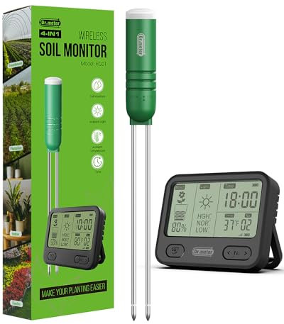 Dr.meter Misuratore umidità Terreno, 4 in 1 Igrometro Piante Tester del Suolo/Temperatura/Luce/Tempo con Display LCD Digitale per Giardinaggio, Agricoltura, Piante (Batteria Non Inclusa)