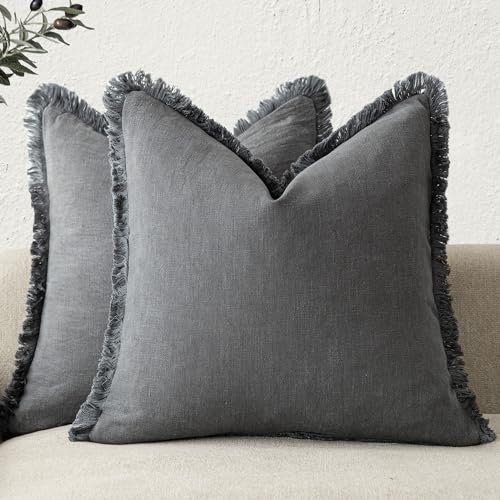 Foindtower Dekorative Leinen-Kissenbezüge im Boho-Stil mit Fransen, Landhaus-Kissenbezug mit Quasten, weich, für Couch, Sofa, Bett, Wohnzimmer, Inneneinrichtung, 2 Stück, 40,6 x 40,6 cm, Grau