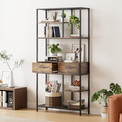 BTGGG 5 Tier Bookshelf Bookcase with Drawers, Large Industrial Living Room Bookcases and Shelving Units Book Shelves Free Standing with Steel Frame and Mesh Panel for Home Bedroom kitchen Office