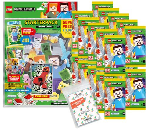 Bundle mit Lego Minecraft Serie 1 Trading Cards - 1 Starter + 20 Booster + Exklusive Collect-it Hüllen
