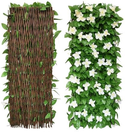 2 paneles de valla de hojas artificiales, valla expandible para balcón, patio, exteriores, panel decorativo de hiedra sintética, setos artificiales de 30 x 200 cm, ampliado (flores blancas)