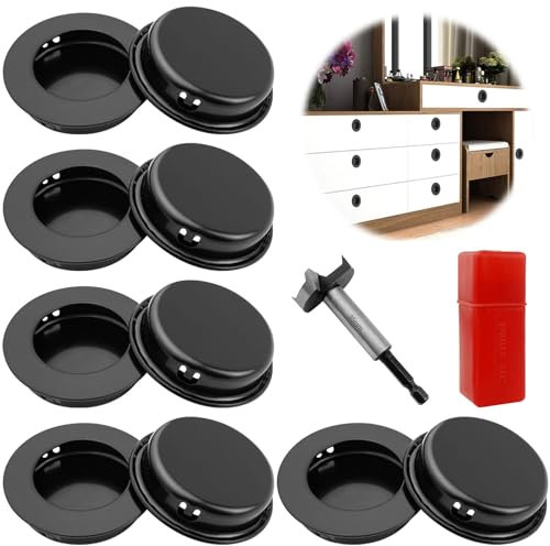 GZLCEU 10 Pièces Poignées Rondes Encastrées, 35mm Poignée Encastrable Noir Poignée Tiroir Encastrable avec 1 Foret pour Armoire, Tiroir Portes de Placards