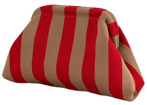CXINLky Sommer Strand Clutch Damen, Gestrickt Gestreift Kontrastfarbe Handtaschen Klein Clutch Gewebte Tasche für Sommerstrände, Shopping, Reisen-Rot/Gold