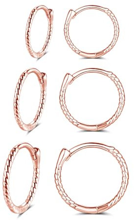 Cangall Silver Hoop Earrings for Women, 3 Pairs Sterling Silver Twisted Rope Hoop Earrings Set, Hypoallergenic Earrings Rose Gold Small Simple Cartilage Sleeper Rose Gold Hoop Earrings for Girls