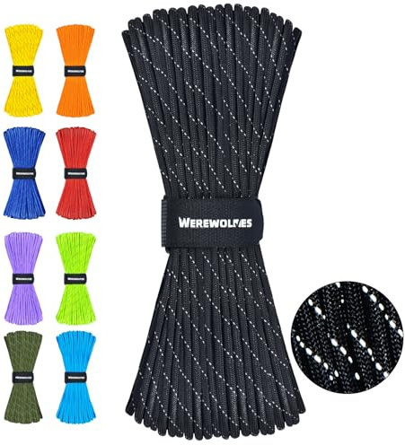 WEREWOLVES Reflective Paracord Rope 100FT, 7 Strand Type III Parachute Cord 4mm Thin Tent Rope for Outdoor Camping Hiking (Black, 100FT)
