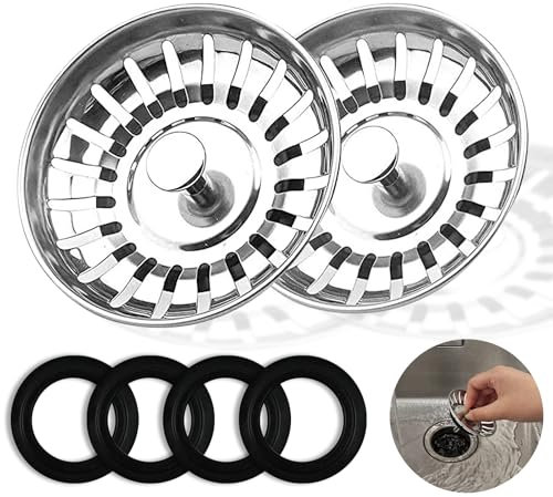 2 Pcs Stainless Steel Kitchen Sink Bowl Strainer and Plug 78mm Kitchen Sink Plug Replacement, Kitchen Sink Plug for Single Double Bowl Use, Food Hair Catcher Filter Stopper, Prevent Bad Smells, Clogs