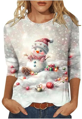 My Order Women 3/4 Sleeved Shirt UK Christmas Santa Elk Snowflake Print Blouse Loose Fit Casual Tops Xmas Tshirt Round Neck T-Shirt 2024 Fashion Shirts Going Out Tee Fall Dressy Shirt
