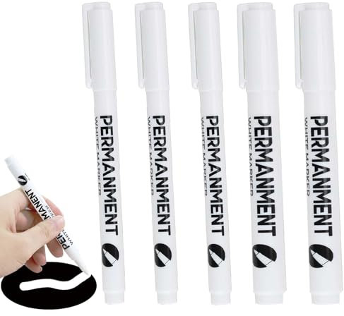 Gudemoore Stylo Blanc Imperméable et SéChage Rapide, 5 PCS Marqueur Blanc Permanent Extra-Fines 1 MM/Moyennes 2 MM, Feutre pour Bois, Pierre, Plastique, Cuir, Verre, Métal, Toile, Céramique