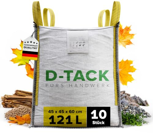D-TACK 10x Big Bag | 45 x 45 x 60 cm | Säcke für Bauschutt, Holz, Laub, Kies, Sand, Erde, Gartenabfall, Grünschnitt, Pellets | 4 praktische Trageschlaufen | 500 kg | Witterungsbeständig