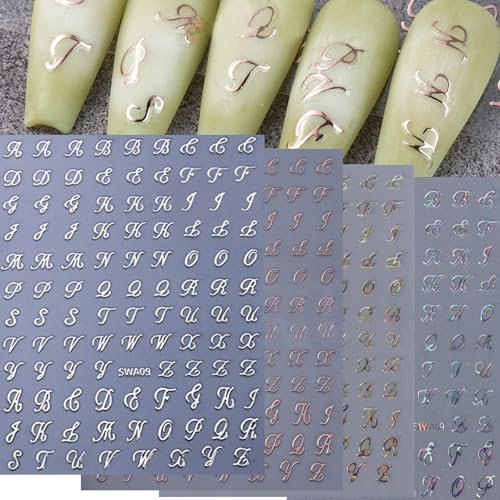 BelleVive 4 Sheets Retro English Letters Nail Stickers for Nail Art 3D Self-Adhesive Black White Gold Silver Design Nail Decals Personalized Letter Nail Art Stickers for Women DIY Manicure Tip