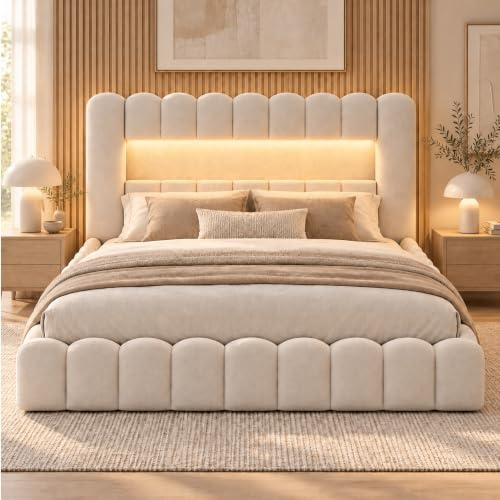 DULRLLY Polsterbett Bubble Bett 180x200 mit Stauraum, USB-Ladefunktion ＆LED-Beleuchtung, Hydraulisches Stauraumbett Bettgestell mit Lattenrost, Doppelbett mit Bettkasten, Leinen,Ohne Matratze