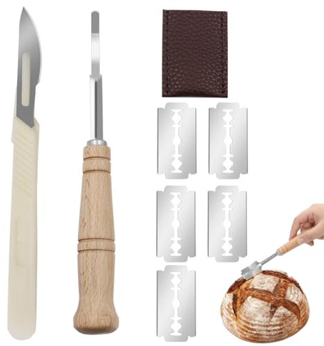 XURJUMI 2 Piezas Herramienta de Corte de Pan,Cuchillo de Masa con 5 Pcs Cuchillas de Repuesto,Cuchillo de Panadero,Cuchillo de Baguette,Mango de Madera,Cuchillo de Pan,Herramienta para Cortar Pan