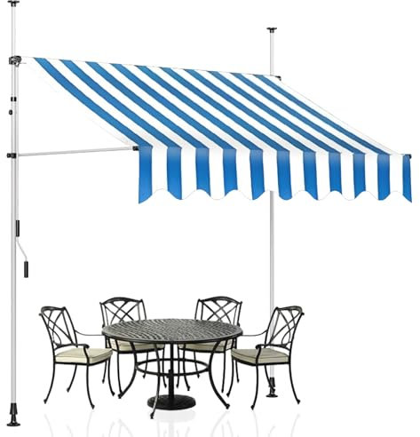 Cplsntaeam Store banne rétractable Manuel, Store de terrasse extérieur 3 x 1,2 m, pergola réglable avec manivelle, auvent extérieur pour fenêtre ou Porte,Blue-Stripes