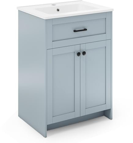 COSTWAY Bathroom Vanity Unit with Basin, 600mm Floor Standing Bathroom Sink Cabinet with 1 Tap Hole and 2 Doors, Cloakroom Vanity Ceramic Wash Basin Under Sink Storage Cabinet, Grey