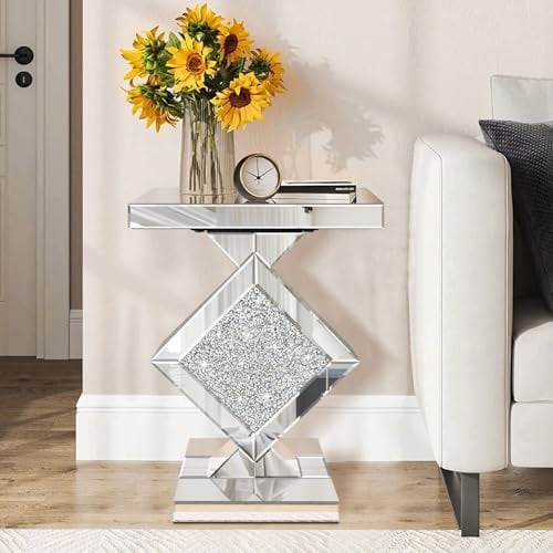 Jesantab Table d'appoint en verre miroir avec motif diamant écrasé, table d'appoint argentée, petite table basse miroir pour salon, chambre à coucher, 40 x 40 x 60 cm