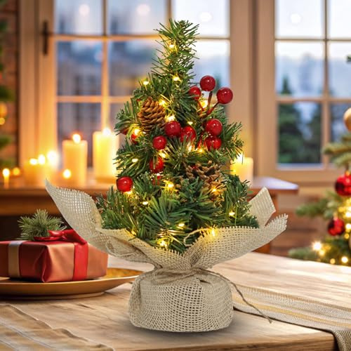 30CM Mini Christmas Tree with Warm White LED Lights | Tabletop Artificial Christmas Tree with Pinecones Red Berries Xmas Tree for Home Office Desk Kitchen Festival Decoration