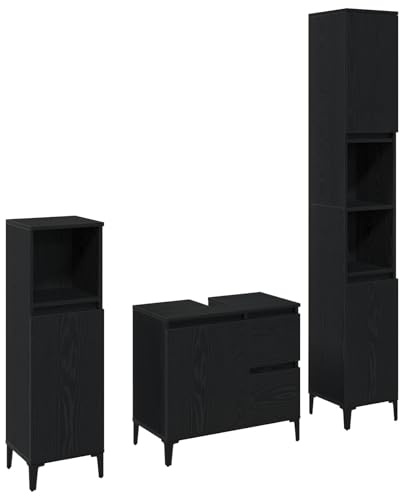 Massbinet 3-TLG. Badschrank-Set Schwarz Eiche Holzwerkstoff Korrosionsbeständige Badezimmerschränke Badezimmermöbel