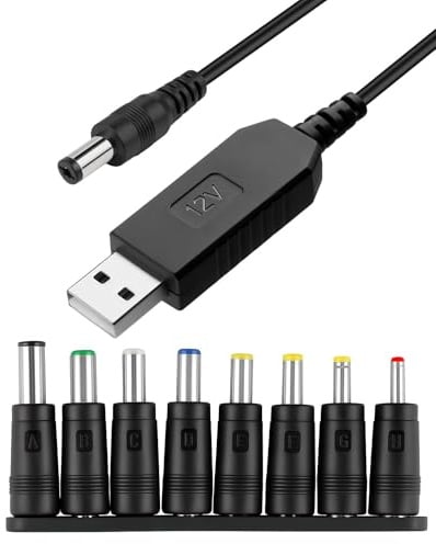 Usb to Dc 12v Cable 1m 5.5 X 2.1mm Plug Adapter Universal Power Cord with 8 Interchageable Dc Connectors Round Pin Barrel Jack Charging Cable for Laptops Router Speakers Keyboard Toothbrush Toys