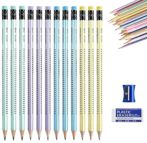 iguTrail 60 Stück HB Bleistifte mit Radiergummi, Dreiecksstifte zum Schreiben und Zeichnen, Pastell-Farben, mit Spitzer