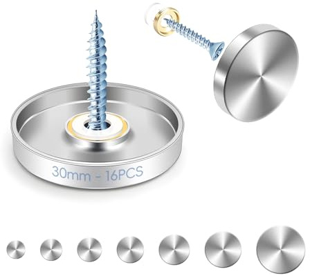 mawmuaw 30 mm Mirror Screws 16 Stk Spiegelschrauben Edelstahl Zierschrauben | Dekorative Spiegel Schrauben mit Abdeckkappe Unterlegscheibe Ziernägel, Schöne Schrauben für Schilder Glasplatte Duschkabine