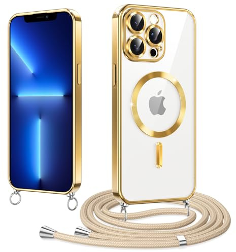 Micnkifo Magnetische Handyband mit Band für iPhone 13 Pro Max Hülle, [Kompatibel mit Magsafe] Handyhülle Case mit justierbarer Schnur Abnehmbar Strap, Crossbody Schutzhülle zum Umhängen, Gold