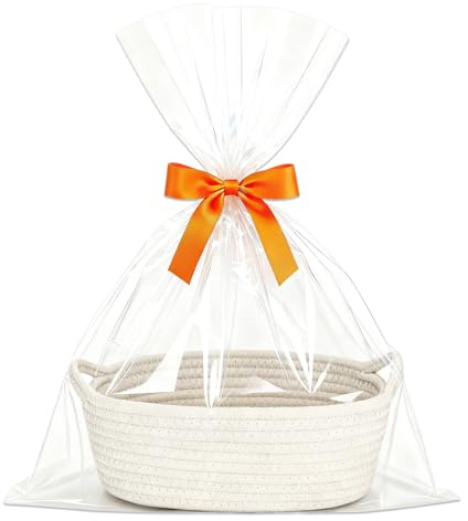 HJYIMYI Geschenkkorb Leer Groß, Weiß Geflochten Korb für Geschenke | mit Geschenktüten und Bänder, Präsentkorb Leer Baumwollseilweberei, für Babyparty, Geburtstag, Hochzeit, Erntedank