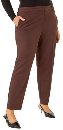 Roman Straight Leg Stretch Trousers for Women UK Ladies Work Office Smart Suit Pants Slacks Cigarette Tailored High Elasticated Waist Ankle Grazer Slim Angela - Dark Brown Plus - Size 20