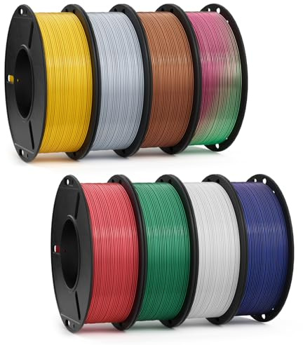 DEEPLEE Silk PLA 1.75 mm, 8 colores, Pack 8 x 250 g (2 kg) | Dorado, Gris Plateado, Cobrizo, Rojo-Verde, Rojo, Verde Acebo, Blanco y Azul-Púrpura-Negro, Acabado brillante y suave