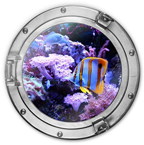 Glasbild rund 3D-Optik Bullauge Unterwasserwelt Lila Korallen Badezimmer Fische Meer Ø 30cm