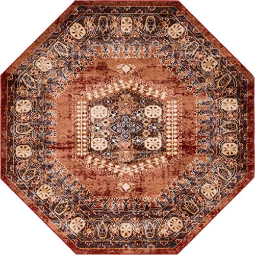 Unique Loom Utopia Collection Traditioneller geometrischer Vintage-Teppich mit warmen Farbtönen, 8 m achteckig, Terrakotta/Blau