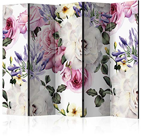murando - Paravent Raumteiler Natur Blumen Rose, 225x172 cm, 5-teilig, Büro | Mobiler Sichtschutz, sofort einsatzbereit, Holzrahmen, ideal fürs Wohnzimmer oder Büro, geruchsneutral, lichtbeständig