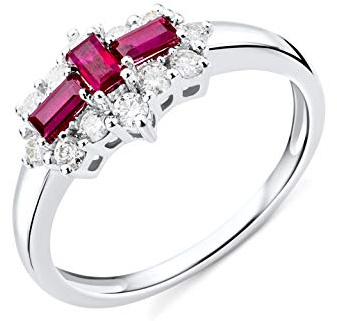Miore Anello da donna in oro bianco 9 carati 375 con rubini rossi 0,62 ct e 0,35 ct diamante a taglio brillante