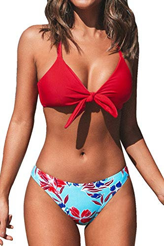 CUPSHE Damen Bikini Set Knot Triangel Bikini Swimsuit Blumenmuster Low Rise Bademode Zweiteiliger Badeanzug Rot/Blau XL