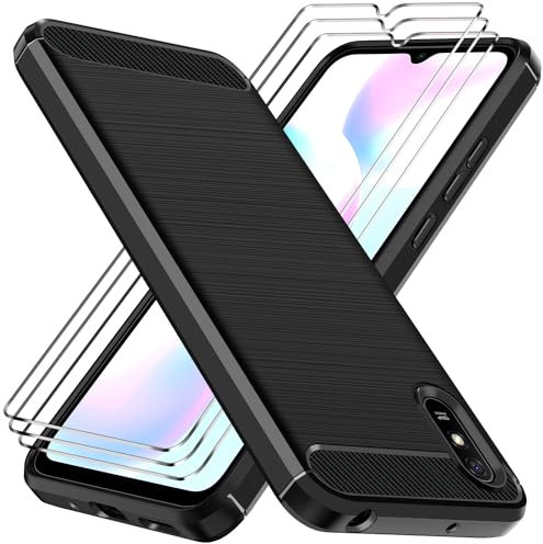 ivoler Coque Silicone pour Xiaomi Redmi 9A / Xiaomi Redmi 9AT avec 3 Pièces Verre Trempé, [Protection Antichoc Militaire] Étui de Protection, Mince Souple TPU Anti-Rayures Dos Bumper Housse, Noir