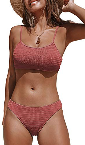 CUPSHE Damen Bikini Set Bandeau Geraffter Bikini Low Waist Gesmokte Bademode Zweiteiliger Badeanzug Ziegelrot L