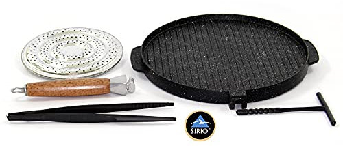 Padella Sirio Gold, Bistecchiera Doppia cottura, Lato Grill e Liscio, Antiaderente in Pietra Laviga + Spargifiamma e accessori, Manico smontabile Made In Italy (32 cm)