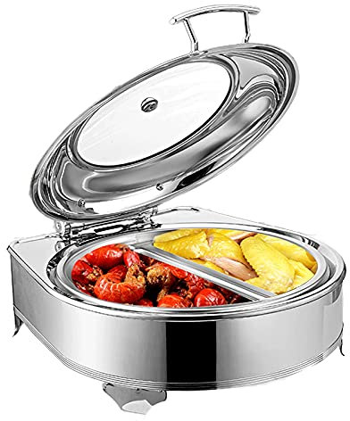 DBMGB Calentador Comida Buffet Acero Inoxidable, Redonda Chafing Dish con Tapa Transparente y Pinzas para Alimentos, Baño María, 6l Temperatura Regulable