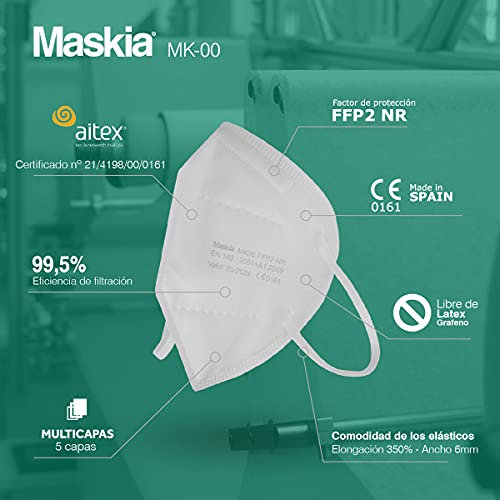 MASKIA Mascarilla FFP2. Packs 20, 50, 100 Homologadas CE 0161. Mascarilla FFP2 Blancas con Alta eficiencia Filtración de Partículas(99,5%), Packs Individuales Transpirables. LIBRES DE GRAFENO (20)