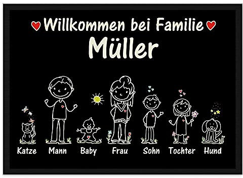 Fußmatte selbst gestalten - Familien Namen 1,2 oder 3 Kinder, Hund, Katze- Willkommen - individuell bedruckt - Strichmännchen, Geschenk Einzug, Richtfest, Geburtstag I Personalisiert, 75 x 50 cm