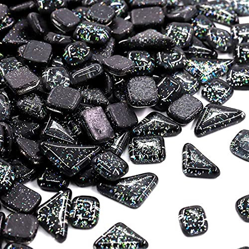 Glas Mosaiksteine 200g, Quadrat und Dreieck Mosaikfliesen Glasfliesen Glitzerkristall Glasmosaik, Glassteine Mosaik Steine für Basteln, Haus Deko(Schwarz)