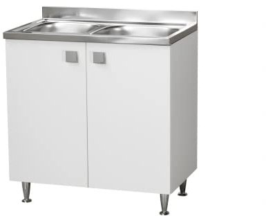 Mueble Cocina bajo Lavabo de Acero 2 Senos, 2 Puertas de Color Blanco Fresno, 80 x 50 x 88 cm