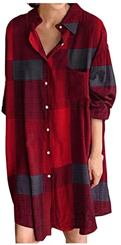 Ni_ka Robe Chemise Femme Grande Taille Robes Courte Ample à Women Dress Boutonnee Carreaux Imprime Dresses Chic Et Glamour Bleu