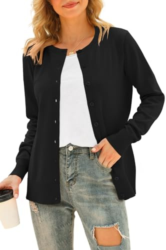 YUNDAI Womens Round Neck Button Down Long Sleeve Lightweight Knit Cardigan | Soft lightweight knit cardigan, round neck & button closure, long sleeve relaxed fit for spring fall daily casual outfits