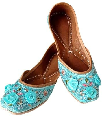 Damen Hochzeit Punjabi Jutti indische Brautschmuck Khussa Ethno Party Mojari Flach US Größe 6-10 Blau DLY257, blau, 38 EU