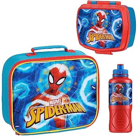 Marvel Brotdose Kindergarten Schule Set 3er Kinder Lunchbox Set mit Lunchtasche Brotdose und Trinkflasche Junge Avengers Spiderman (Blau Spiderman)