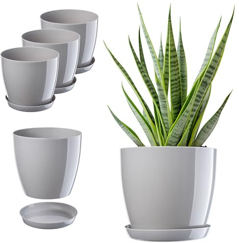 KADAX Blumentopf, Pflanzkübel-Set mit Untersetzer, Blumenkübel aus Kunststoff, runder Pflanztopf für Innenbereich, Übertopf für Blumen und Zimmerpflanzen, Kräutertopf (Set of 3 – 28cm, grau)