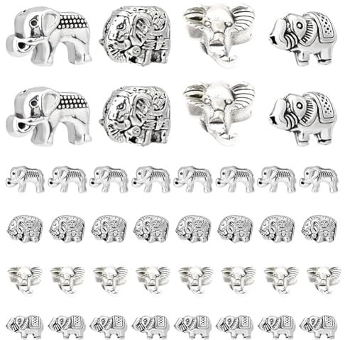 PandaHall 40 Stück Elefant Zwischenperlen, 4 Stil Glücklicher Elefant Tierperlen Tibetische Legierung Geschnitzte Lose Perlen für DIY-Halskette Armband Ohrring Schmuckherstellung, Antik Silber