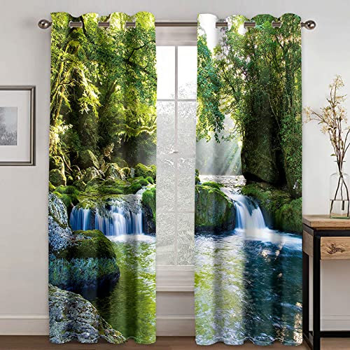 Verdunklungsvorhänge Kinderzimmer 3D Grüner Dschungel Wasserfall Landschaft Vorhang Kinderzimmer Blickdicht Gardinen Mädchen 140x160 Cm Vorhänge Für Schlafzimmer Wohnzimmer, Verdunkelung Vorhänge M