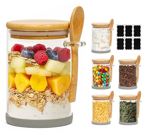 ComSaf 19oz Glass Jars with Bamboo Lids & Spoons Set of 6, Overnight Oats Containers with Lids, Sugar Coffee Containers Salt Spice Jars, Glass Jar with Spoon for Loose Tea, Candy, Brown Sugar, Nuts